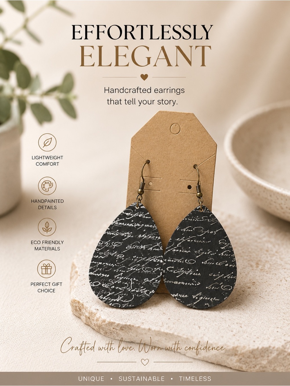 Effortlessly Elegant Black Script Teardrop Earrings
